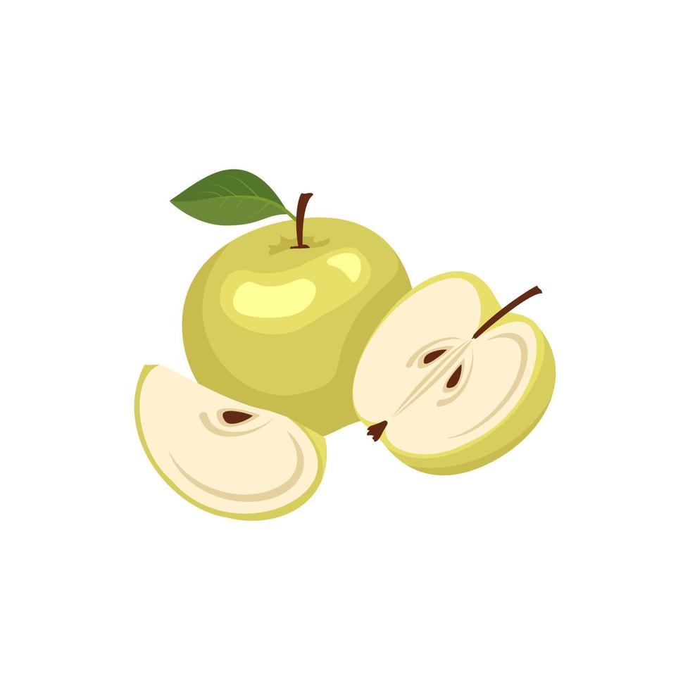 Yellow or green apple icons set. Whole fruits and halves with seeds and leaves. Food for a healthy diet. Sweet snack. Vector flat illustration