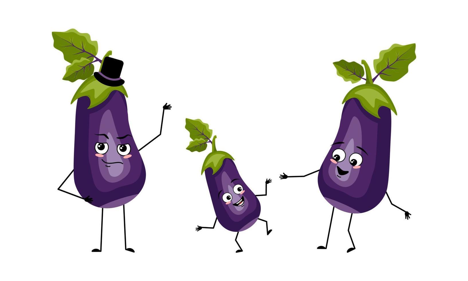 Family of eggplant vegetable characters with happy emotions, smile face, happy eyes, arms and legs. Mom is happy, dad is wearing hat and child is dancing. Vector flat illustration