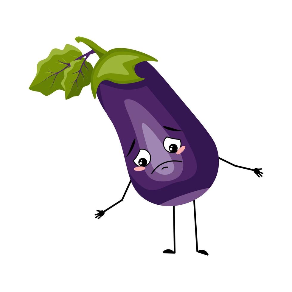 Eggplant character with sad emotions, depressed face, down eyes, arms and legs. Person with melancholy expression, vegetable emoticon. Vector flat illustration