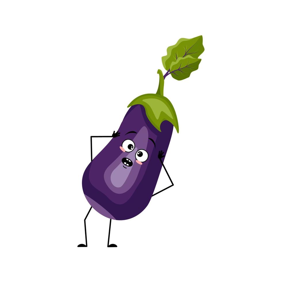 Eggplant character with emotions in panic grabs his head, surprised face, shocked eyes, arms and legs. Person with scared expression, vegetable emoticon. Vector flat illustration