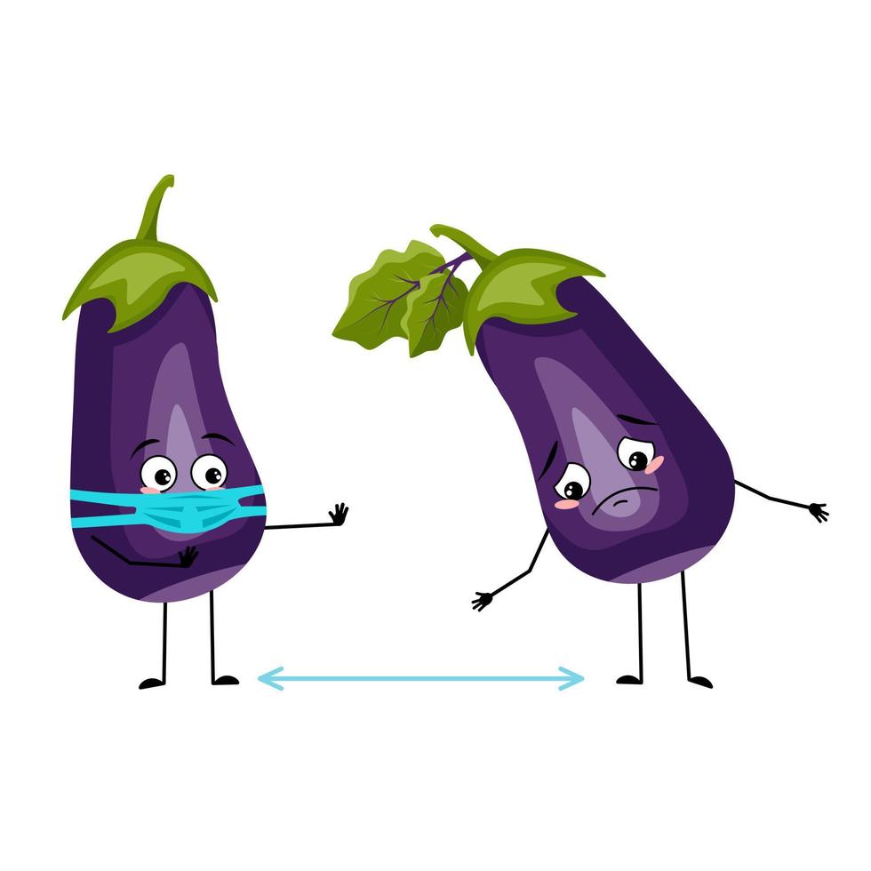 Eggplant character with sad emotions, face and mask keep distance, arms and legs. Person with expression, vegetable emoticon. Vector flat illustration