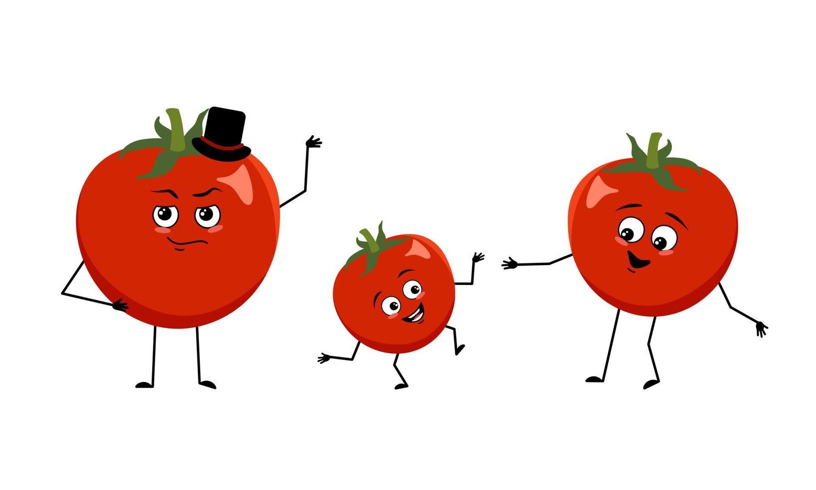 Family of tomato characters with happy emotions, smile face, happy eyes, arms and legs. Mom is happy, dad is wearing hat and child is dancing. Vector flat illustration