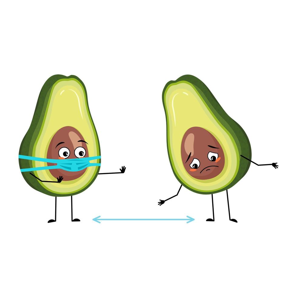 Avocado character with sad emotions, face and mask keep distance, arms and legs. Person with expression, vegetable emoticon. Vector flat illustration
