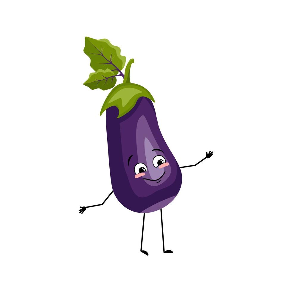 Eggplant character with happy emotion, joyful face, smile eyes, arms and legs. Person with expression, vegetable emoticon. Vector flat illustration