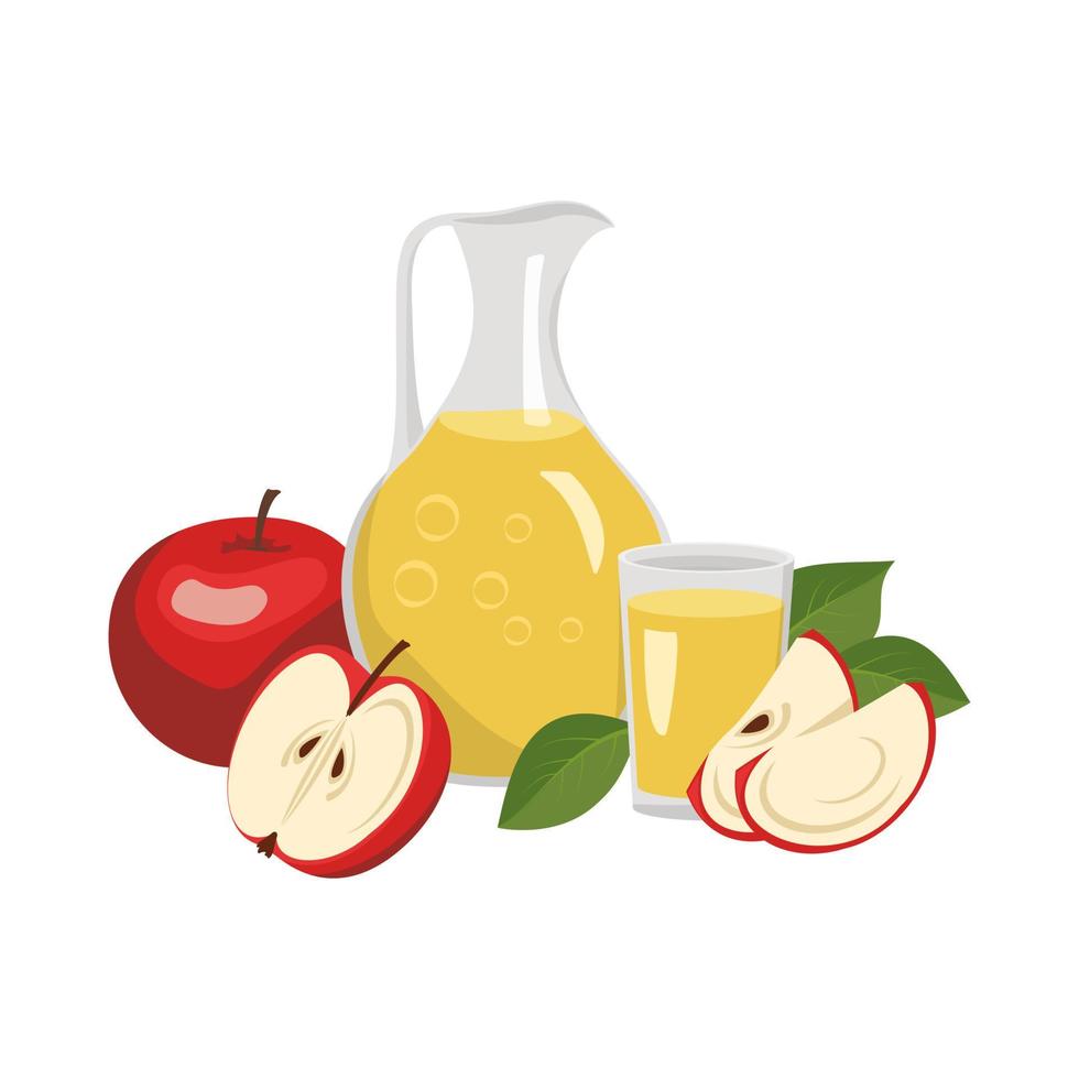 jarra y vaso con jugo de manzana, fruta entera con hojas y semillas. deliciosa bebida saludable y producto. vector ilustración plana de alimentos