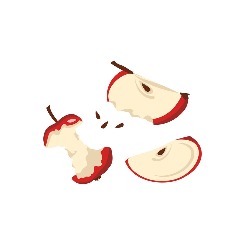 Red apple slices with seeds and stub. Sliced food for healthy diet. Sweet snack. Vector flat illustration