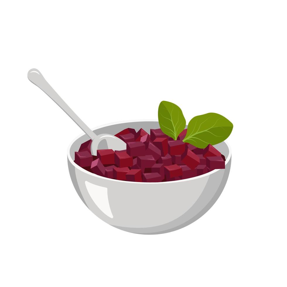 Beetroot salad diced with leaves in bowl and with spoon. Cooking delicious healthy food with spinach leaves. Vector flat illustration