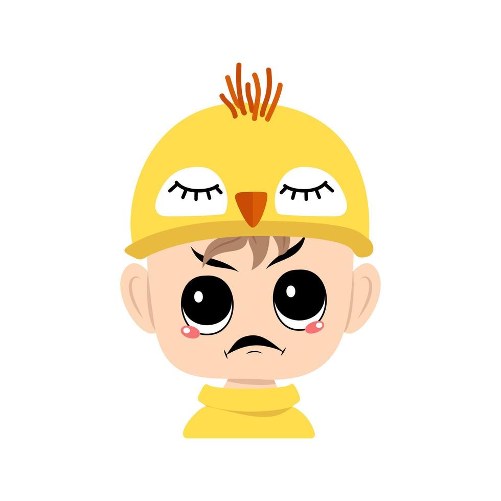 Boy with big eyes and angry emotions, grumpy face, furious eyes in cute yellow chicken hat. Head of child with furious expression for Easter, New Year or costume for party. Vector flat illustration