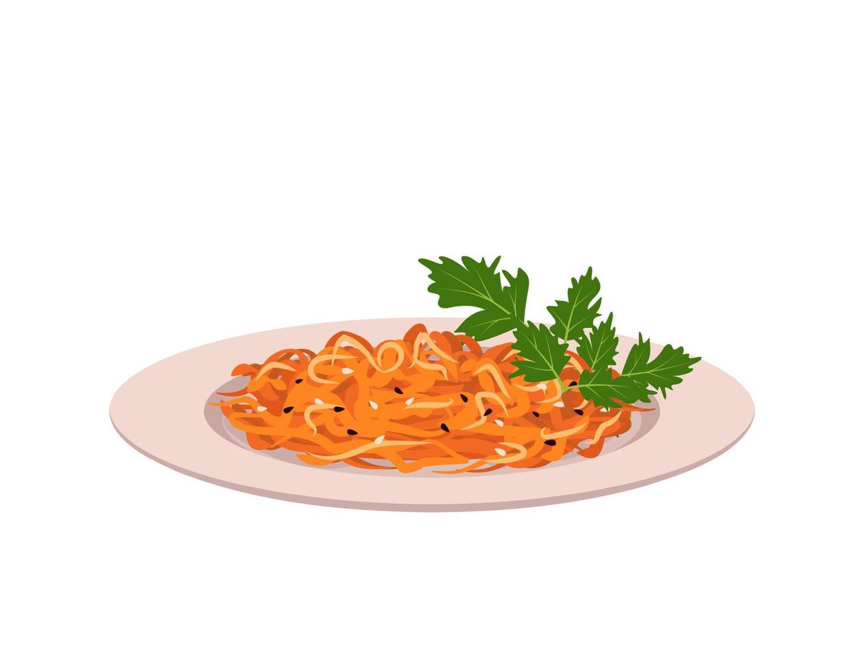 Grated orange carrot salad with sesame seeds and parsley leaves on plate. Delicious and healthy food with vitamins, Korean dish. Vector flat illustration