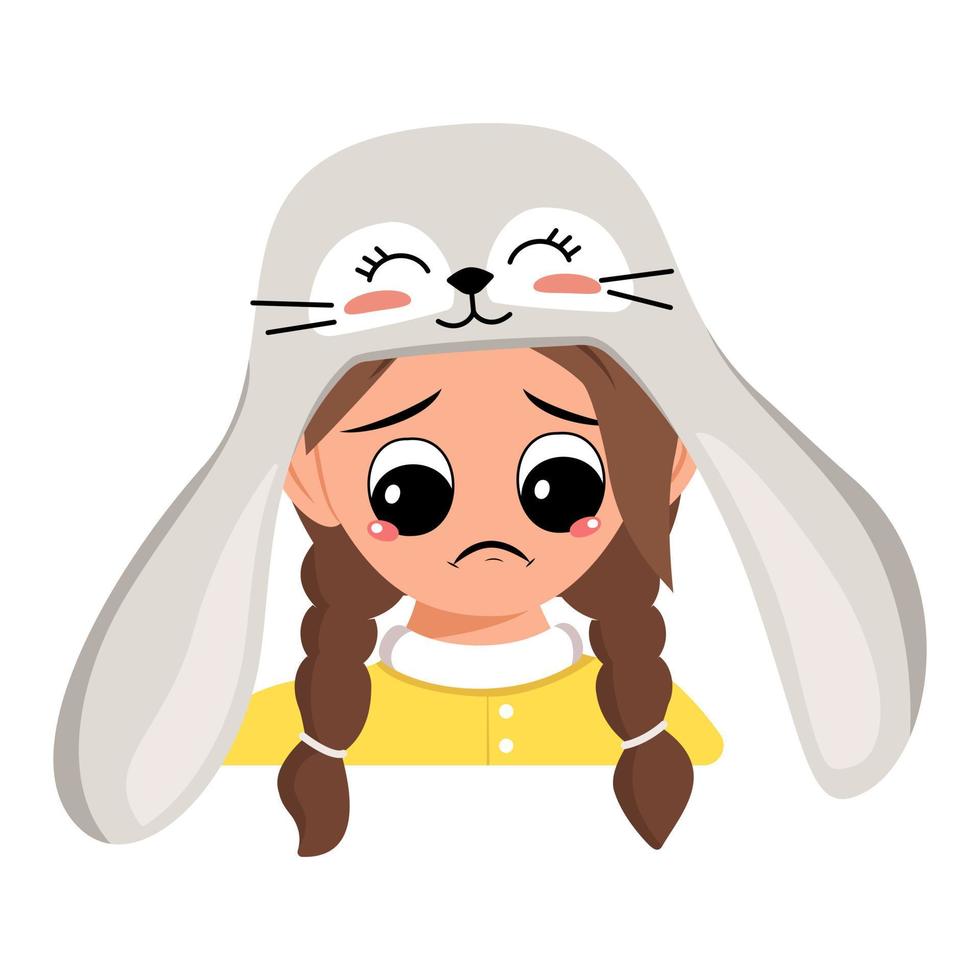 Avatar of girl with big eyes and sad emotions, depressed face, down eyes in cute rabbit hat with long ears. Head of child with melancholy face for holiday Easter. Vector flat illustration