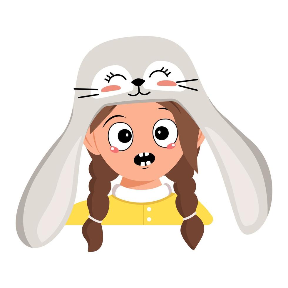 Girl with big eyes and emotions panic, surprised face, shocked eyes in rabbit hat. Child with scared expression for Easter, New Year or carnival costume for party. Vector flat illustration