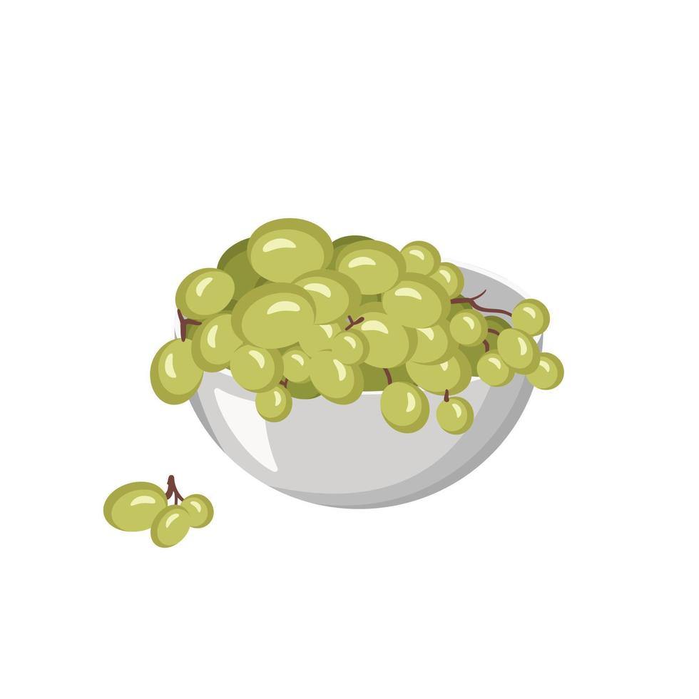 Berries of light grapes on branch lie in bowl. Sweet healthy food, tasty dessert or snack. Vector flat illustration