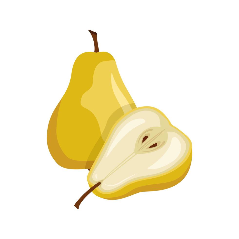 Yellow pear icon. Whole and half healthy fruit. Sweet food for diet. Vector flat illustration