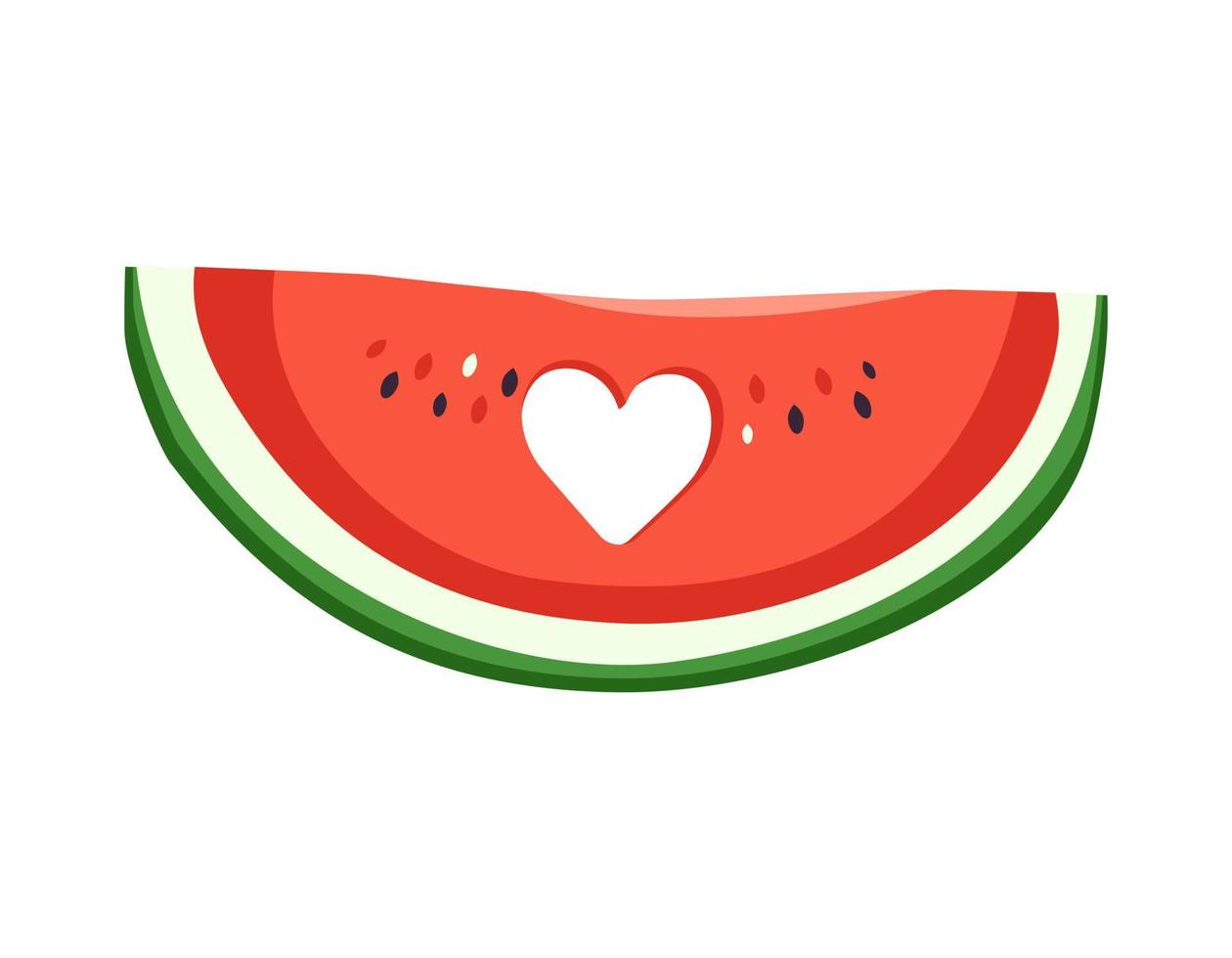 Slice of red juicy watermelon with seeds, half of fruit with carved heart shape in middle. Summer sweetness, juicy food. vector flat illustration