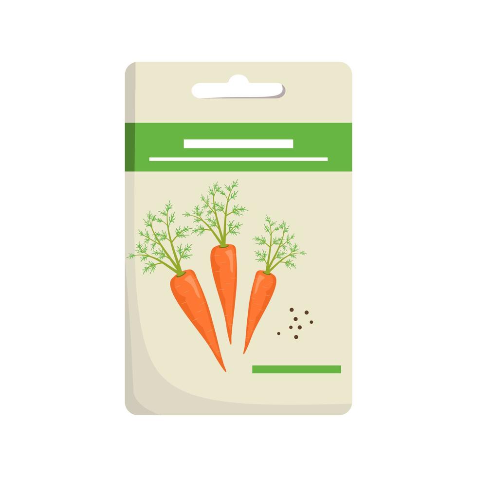 Pack of carrot seeds for planting in garden and harvesting. Useful vegetable for proper nutrition. Sweet food for diet. Vector flat illustration