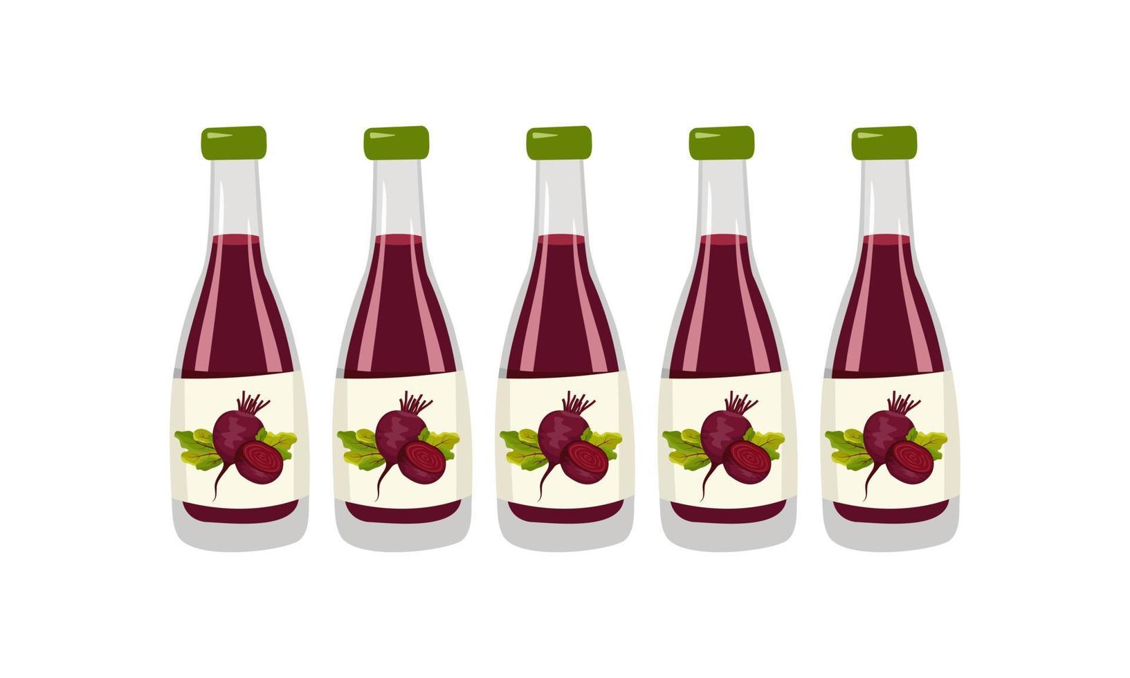 Bottle with red beetroot juice, whole vegetables with leaves and half. Delicious healthy drink and product. Food vector flat illustration