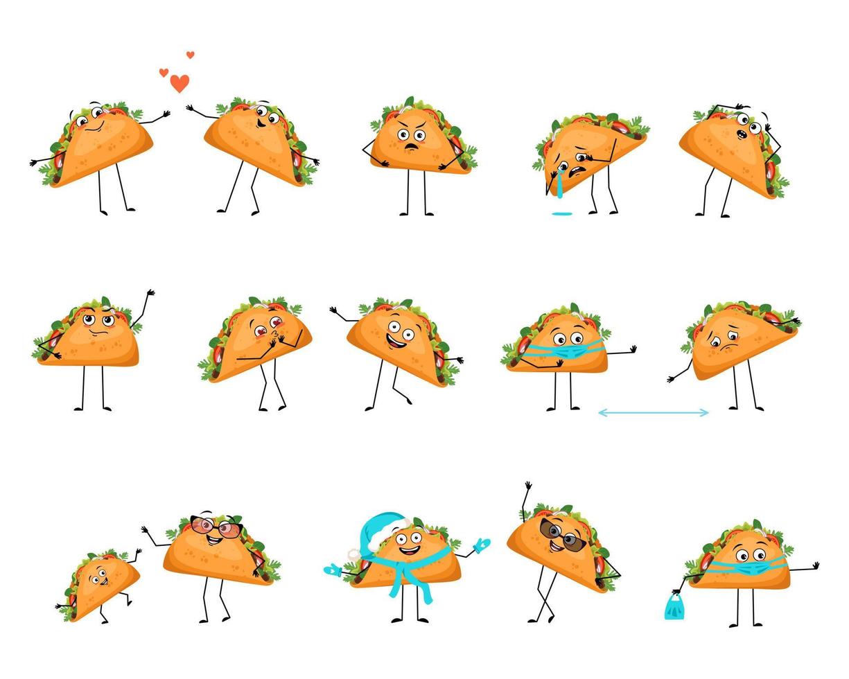 lindo personaje taco mexicano con emociones felices o tristes, pánico, cara, manos y piernas amorosas o valientes. persona alegre de comida rápida, sándwich con máscara, gafas o sombrero. ilustración plana vectorial vector