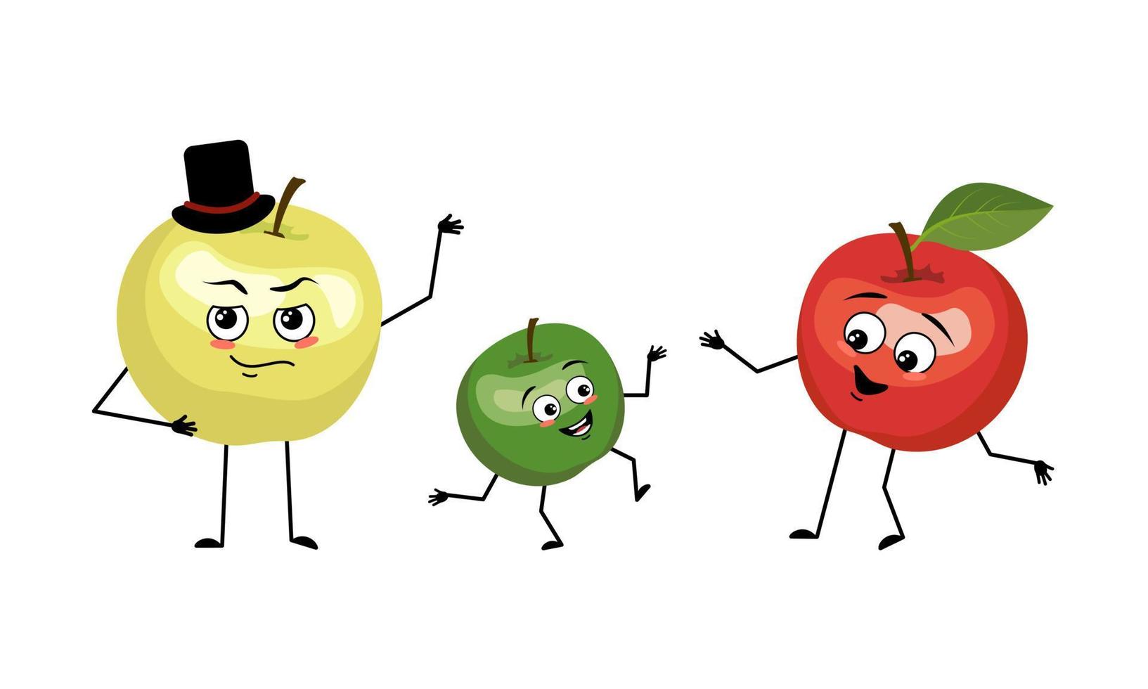 Family of apple characters with happy emotions, smile face, happy eyes, arms and legs. Mom is happy, dad is wearing hat and child is dancing. Vector flat illustration