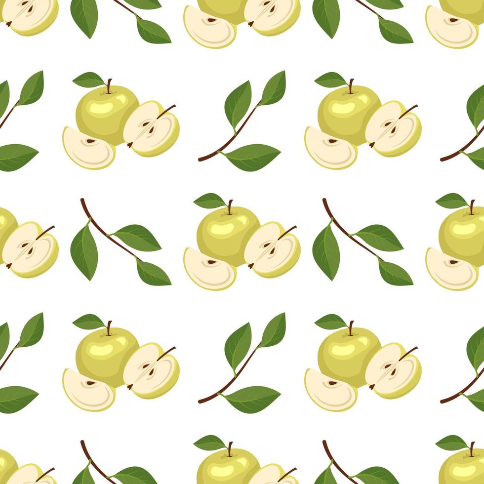 Seamless pattern with yellow apples. Print from whole and half healthy fruits. Background from sweet food for diet. Vector flat illustration