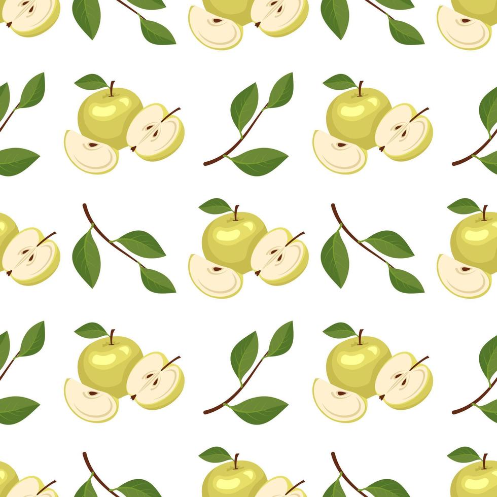 Seamless pattern with yellow apples. Print from whole and half healthy fruits. Background from sweet food for diet. Vector flat illustration