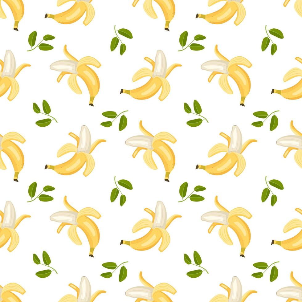 Seamless pattern with sweet yellow banana and green leaves. Food print with delicious healthy exotic fruit. Vector flat illustration