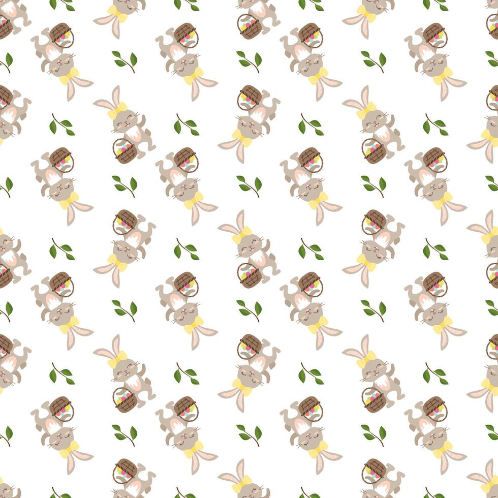 Happy Easter seamless pattern. Festive decoration print with rabbit with basket of eggs and green twig and leaves on white background. Elements for wrapping paper, textiles and decor vector