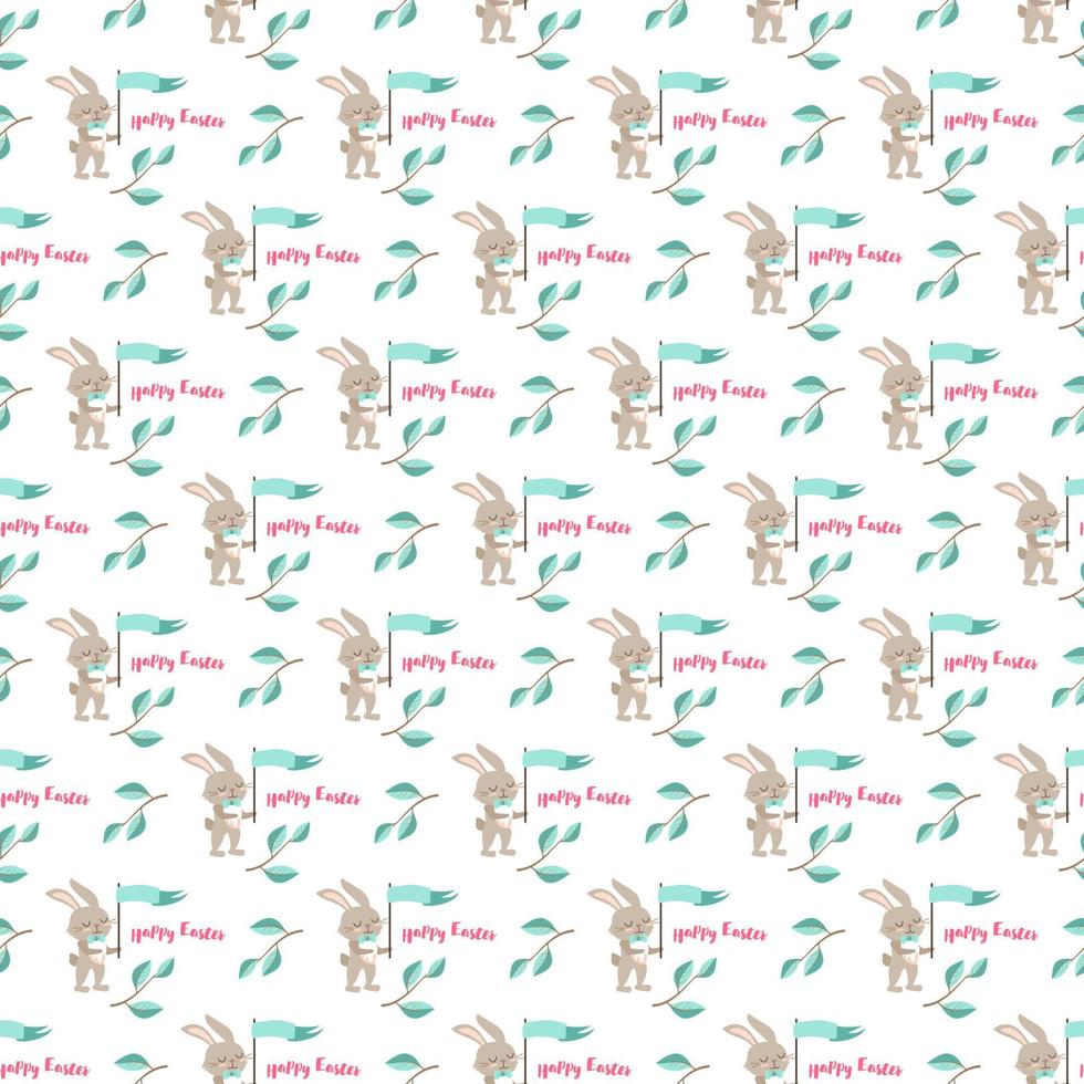 Happy Easter seamless pattern. Festive decoration print with rabbit and green twig and leaves on white background. Elements for wrapping paper, textiles and decor. Vector flat illustration