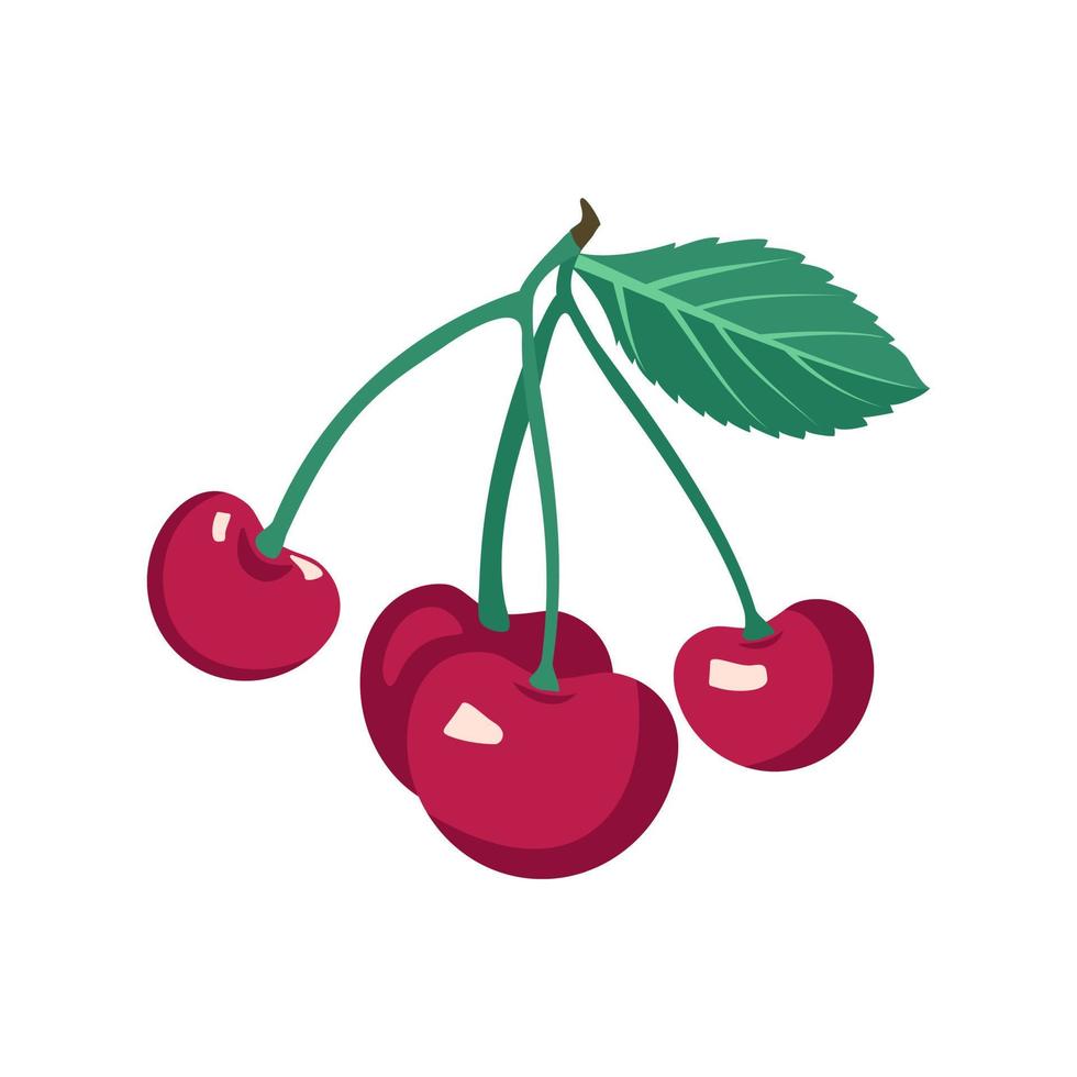 icono de cereza en la rama. baya moderna brillante con hojas. ilustración de comida plana de vector