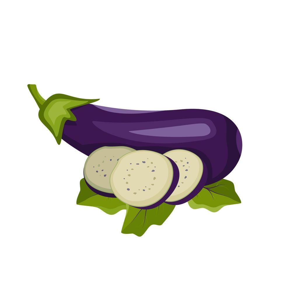 Purple eggplant icon. Whole healthy vegetables and green leaves, harvesting. Delicious food for salad and cooking. Vector flat illustration