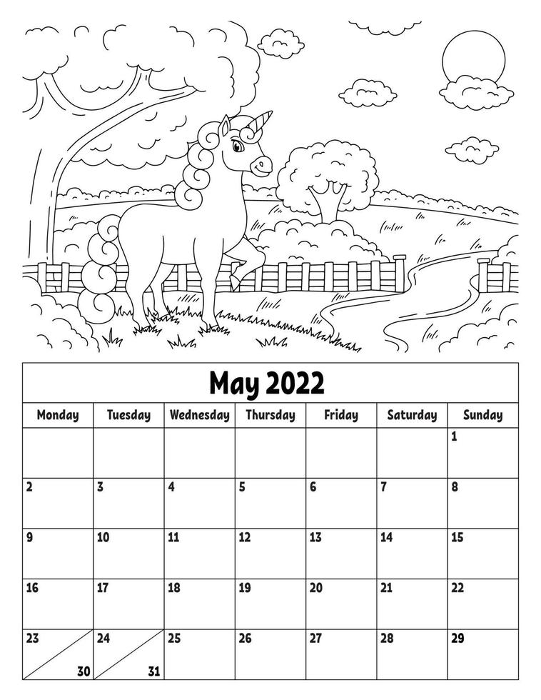 Vertical calendar for 2022 with a cute character. Coloring page for kids. Week starts on Monday. Isolated vector illustration. Cartoon style.