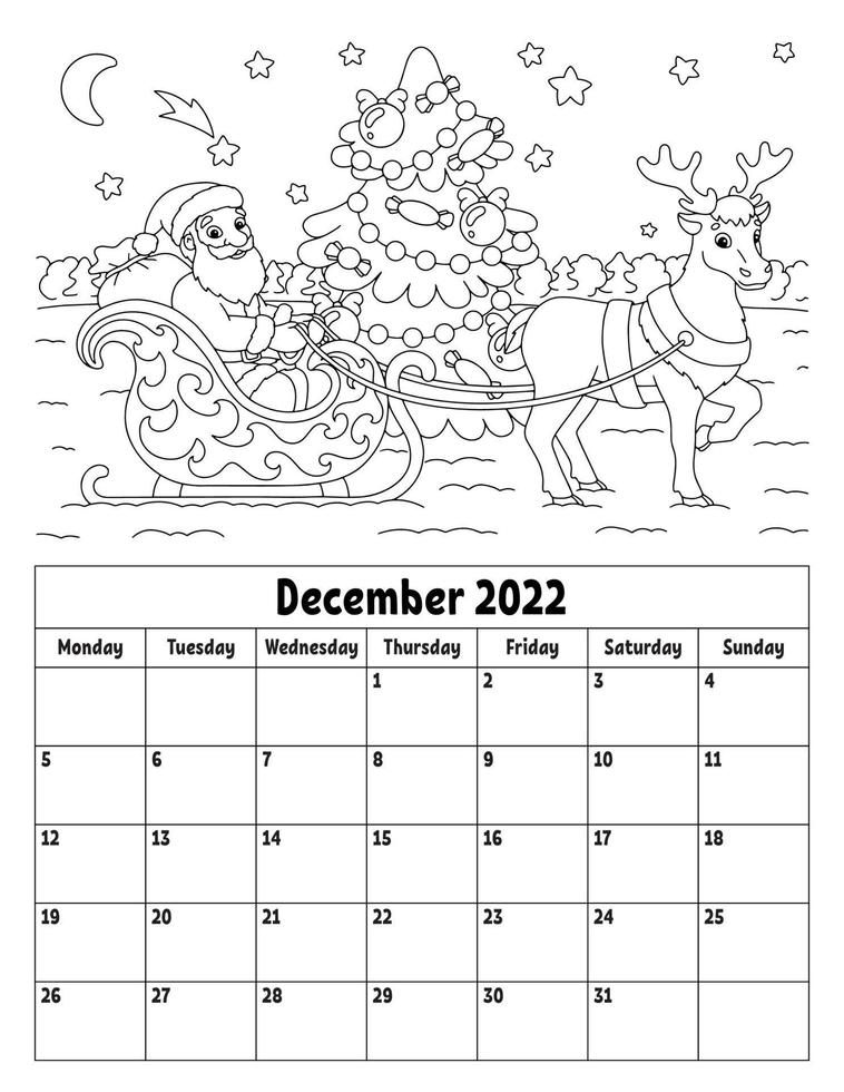 Vertical calendar for 2022 with a cute character. Coloring page for kids. Week starts on Monday. Isolated vector illustration. Cartoon style.