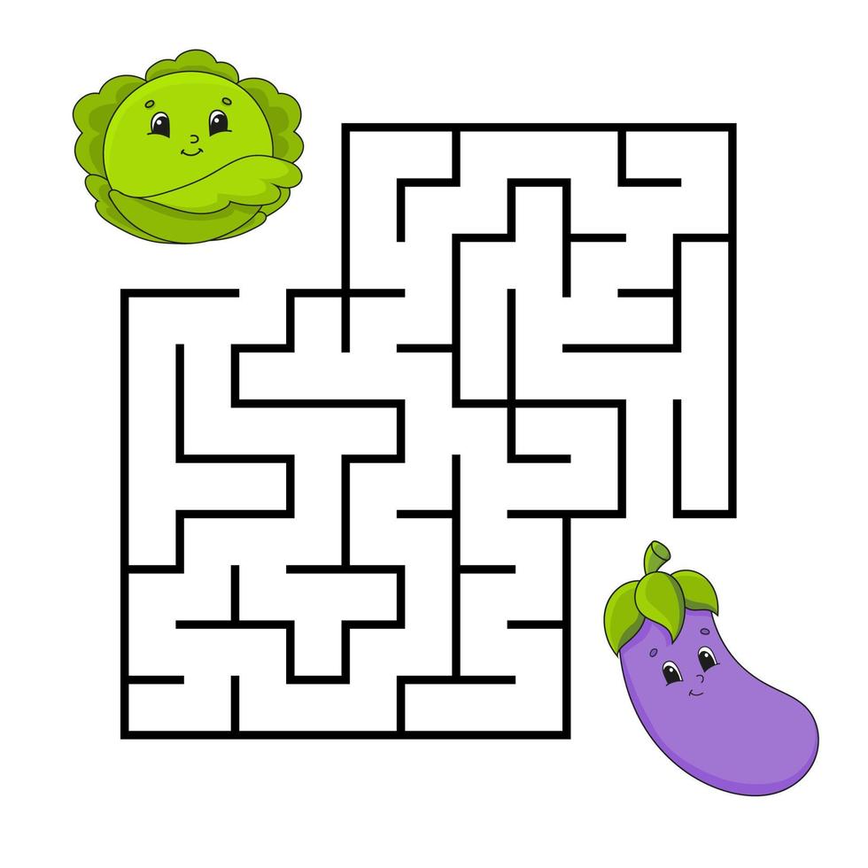 Square maze. Game for kids. Puzzle for children. Labyrinth conundrum. Color vector illustration. Isolated vector illustration. cartoon character. Vegetable theme.