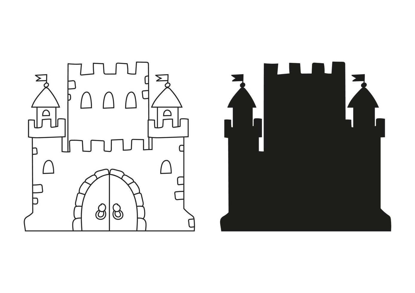 Fairytale castle. Black silhouette. Design element. Vector illustration isolated on white background. Template for books, stickers, posters, cards, clothes.