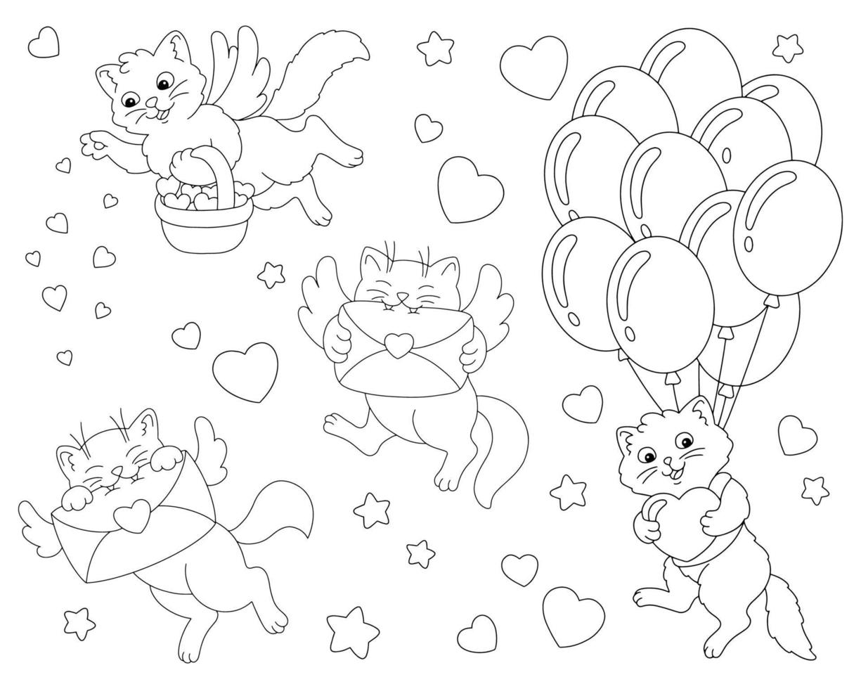 Cupid cat, love letters, balloons. Coloring book page for kids. Valentine's Day. Cartoon style character. Vector illustration isolated on white background.