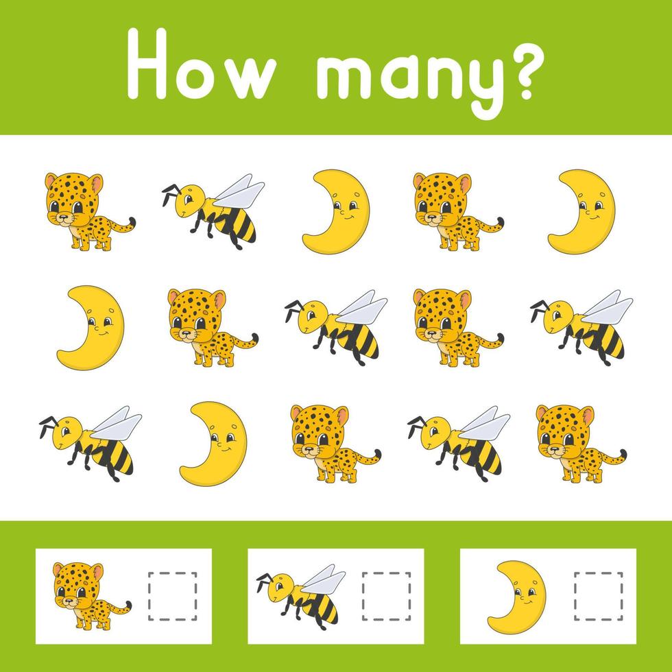 Counting game for children. Happy characters. Learning mathematics. How many object in the picture. Education worksheet. With space for answers. Isolated vector illustration in cute cartoon style.