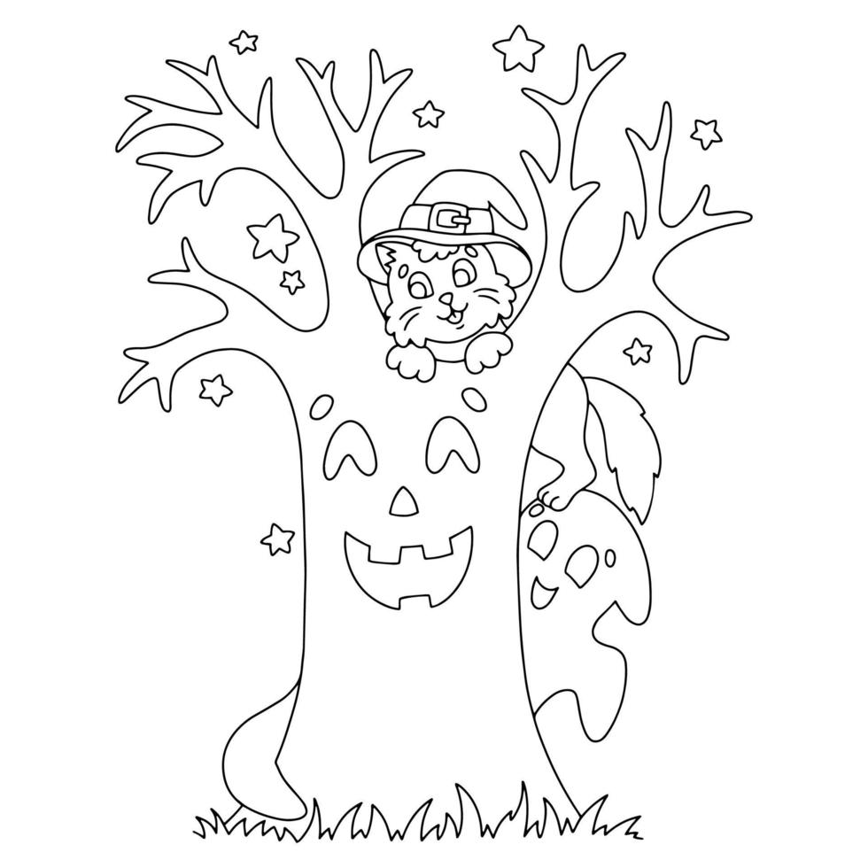 árbol mágico y gato. página de libro para colorear para niños. tema de halloween personaje de estilo de dibujos animados. ilustración vectorial aislado sobre fondo blanco. vector