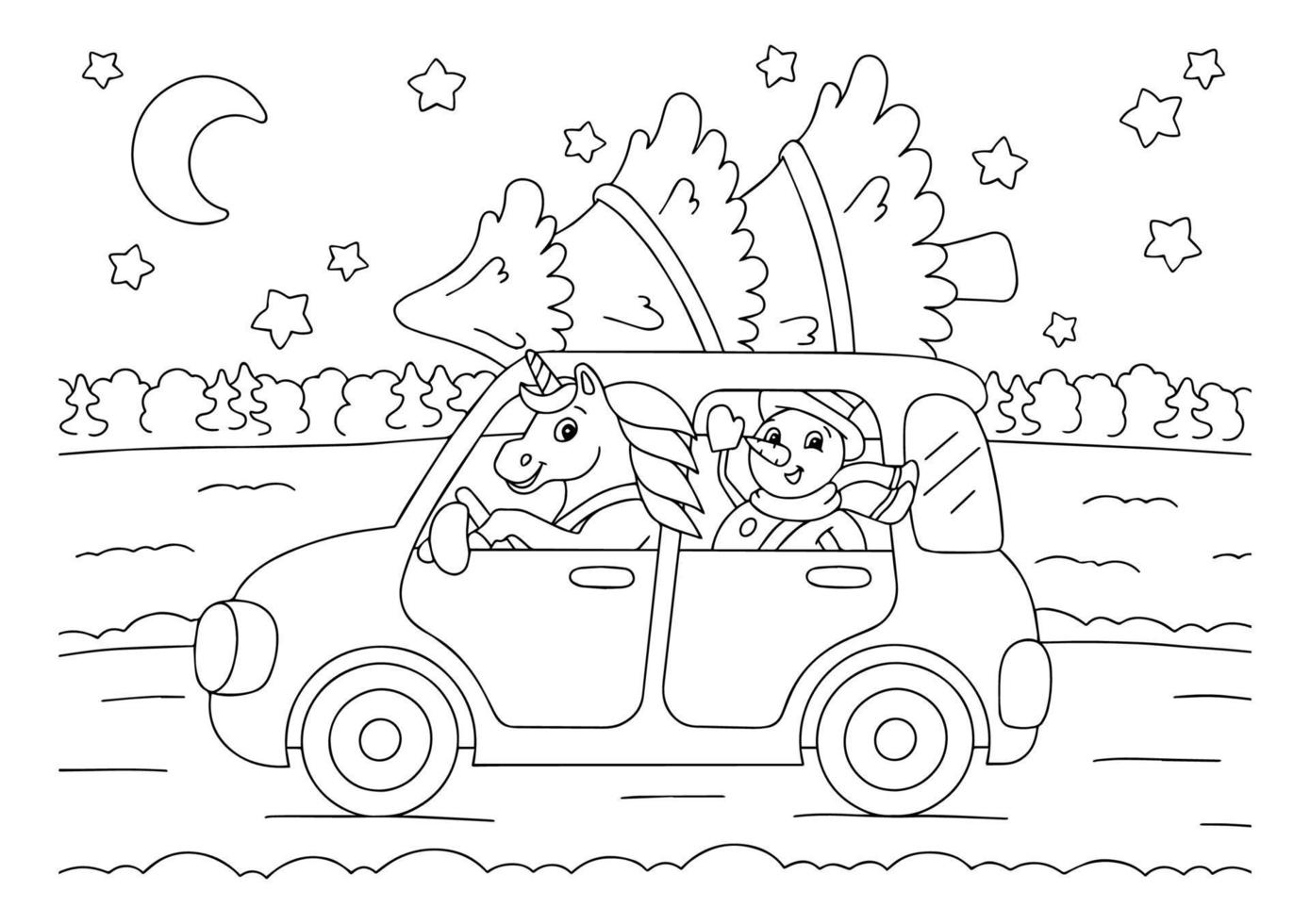 Snowman and unicorn are driving a car for the Christmas holiday. Coloring book page for kids. Cartoon style character. Vector illustration isolated on white background.