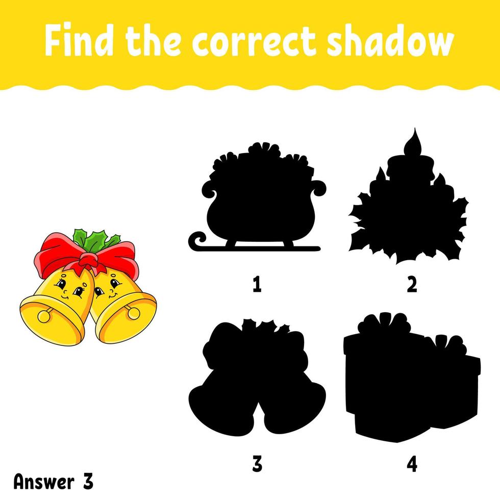 Find the correct shadow. Education developing worksheet. Christmas theme. Matching game for kids. Activity page. Puzzle for children. cartoon character. Isolated vector illustration.