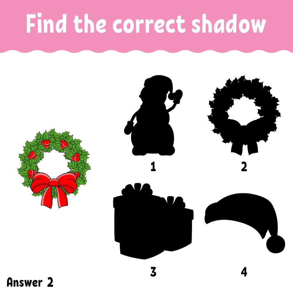 Find the correct shadow. Education developing worksheet. Christmas theme. Matching game for kids. Activity page. Puzzle for children. cartoon character. Isolated vector illustration.