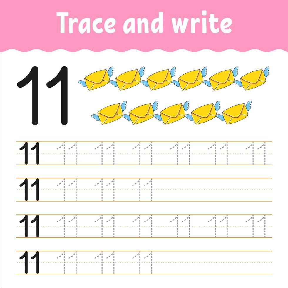 Learn Numbers. Trace and write. Handwriting practice. Education developing worksheet. Color activity page. Isolated vector illustration in cute cartoon style.