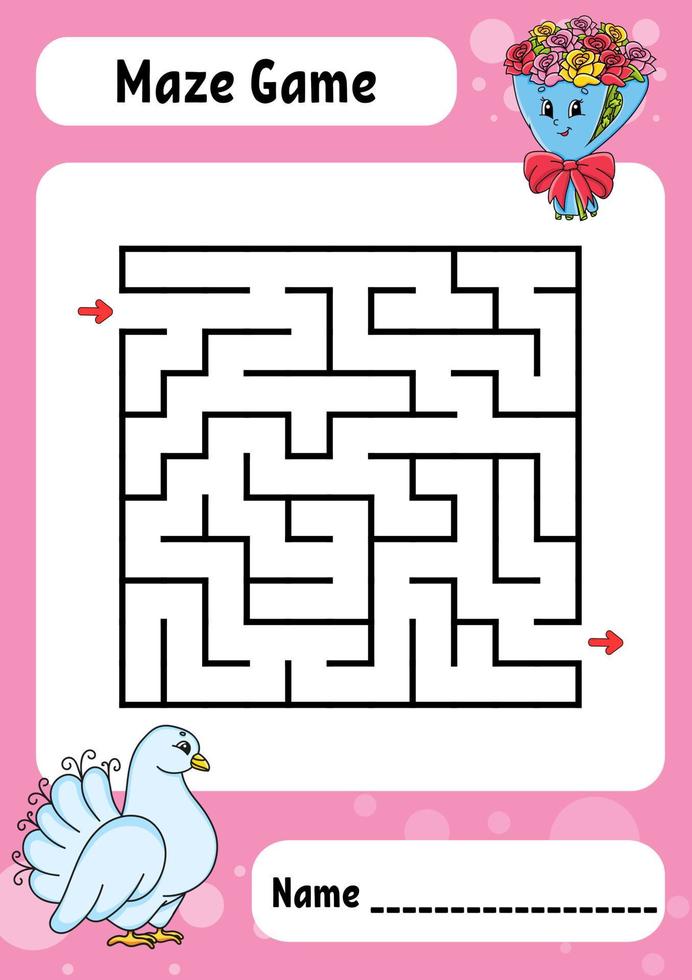 Square maze. Game for kids. Funny labyrinth. Education developing worksheet. Activity page. Puzzle for children. Valentine's Day. Riddle for preschool. Logical conundrum. Color vector illustration.