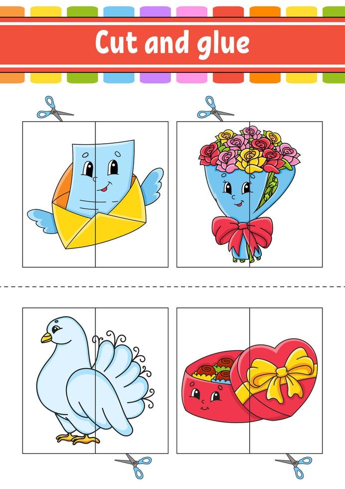Cut and play. Paper game with glue. Flash cards. Education worksheet. Activity page. Funny character. Isolated vector illustration. cartoon style. Valentine's Day