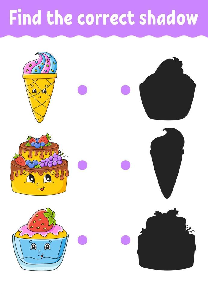 Find the correct shadow. Education developing worksheet. Matching game for kids. Color activity page. Birthday theme. Cute character. Vector illustration. Cartoon style.