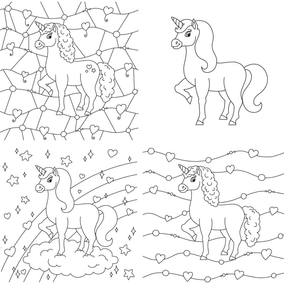 Magic fairy unicorn. Cute horse. Coloring book page for kids. Unusual pattern. Cartoon style. Vector illustration isolated on white background.