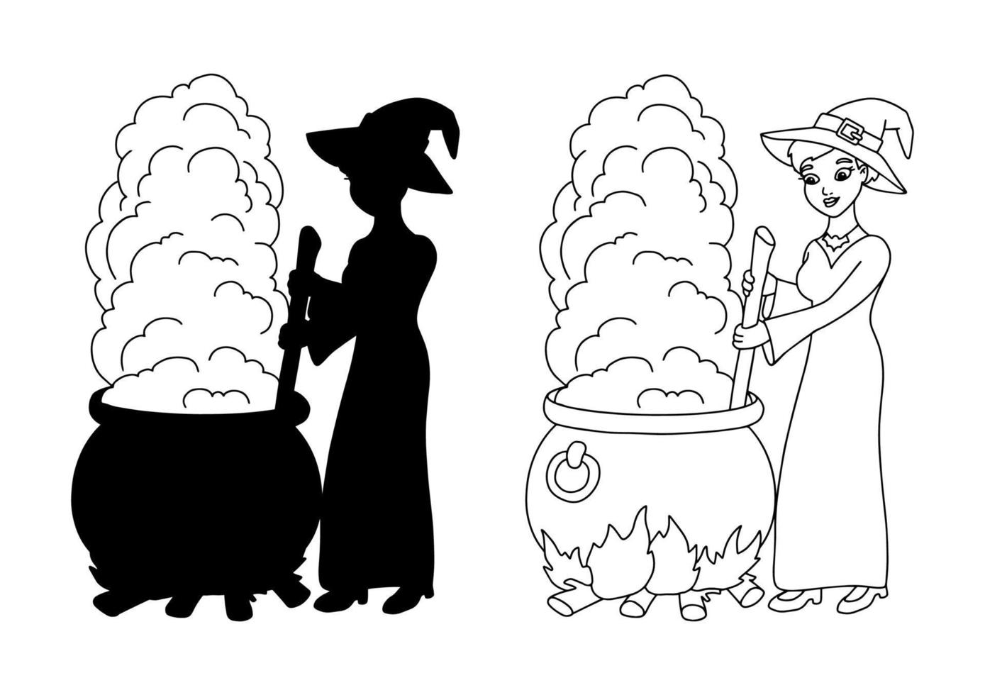 A young witch is brewing a potion in a cauldron. Coloring book page for kids. Cartoon style character. Vector illustration isolated on white background. Halloween theme.