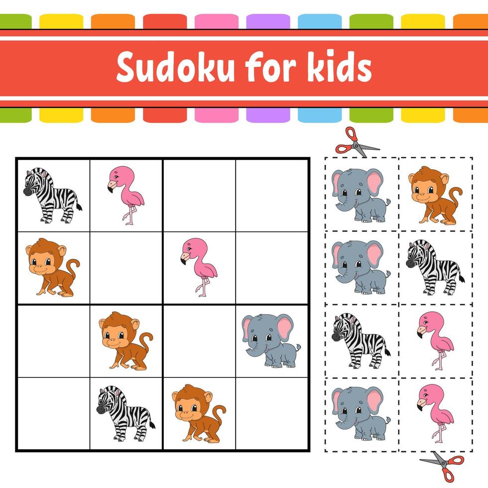 sudoku para niños. hoja de trabajo de desarrollo educativo. página de actividades con imágenes. juego de rompecabezas para niños. entrenamiento del pensamiento lógico. ilustración vectorial aislada. tema de animales estilo de dibujos animados vector