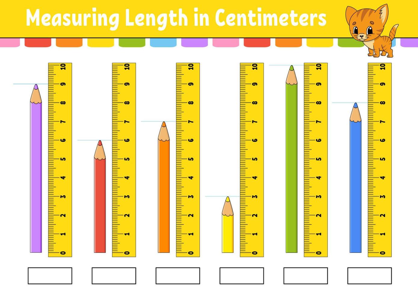 Measuring length in centimeter with ruler. Education developing worksheet. Game for kids. Color activity page. Puzzle for children. Cute character. Vector illustration. cartoon style.