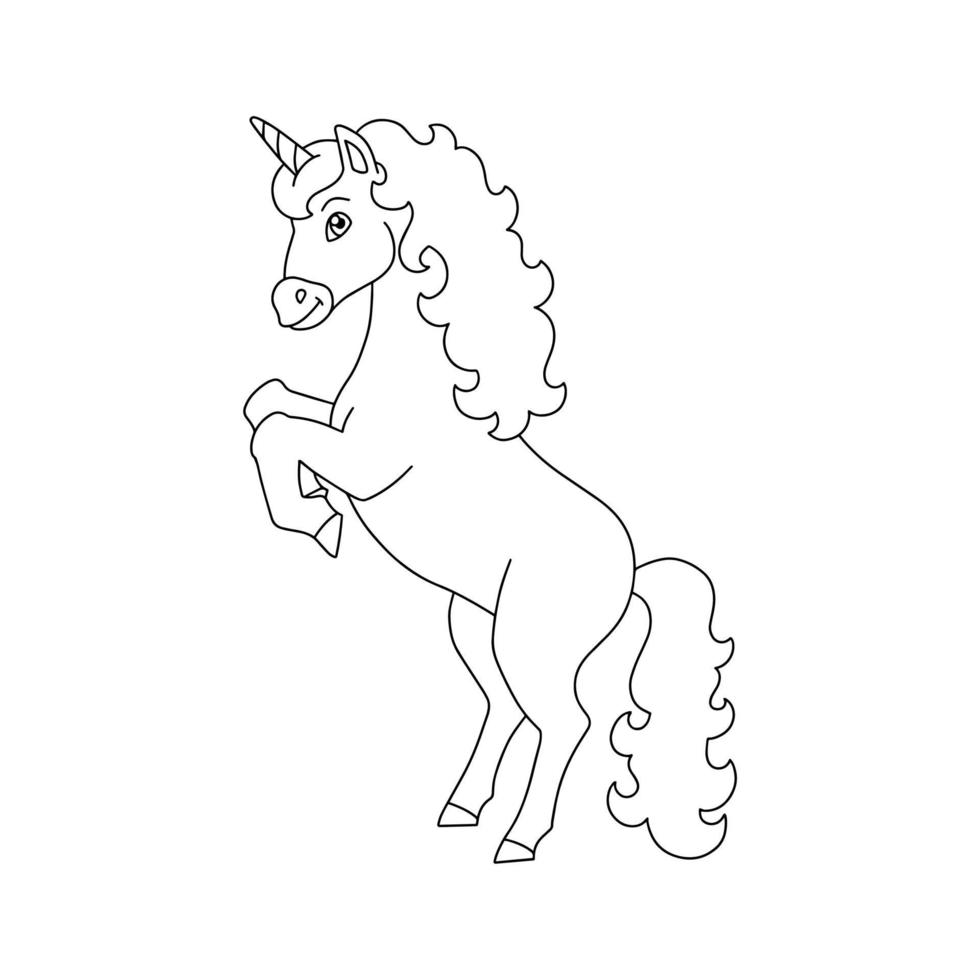 Magic fairy unicorn. Coloring book page for kids. Cartoon style character. Vector illustration isolated on white background.