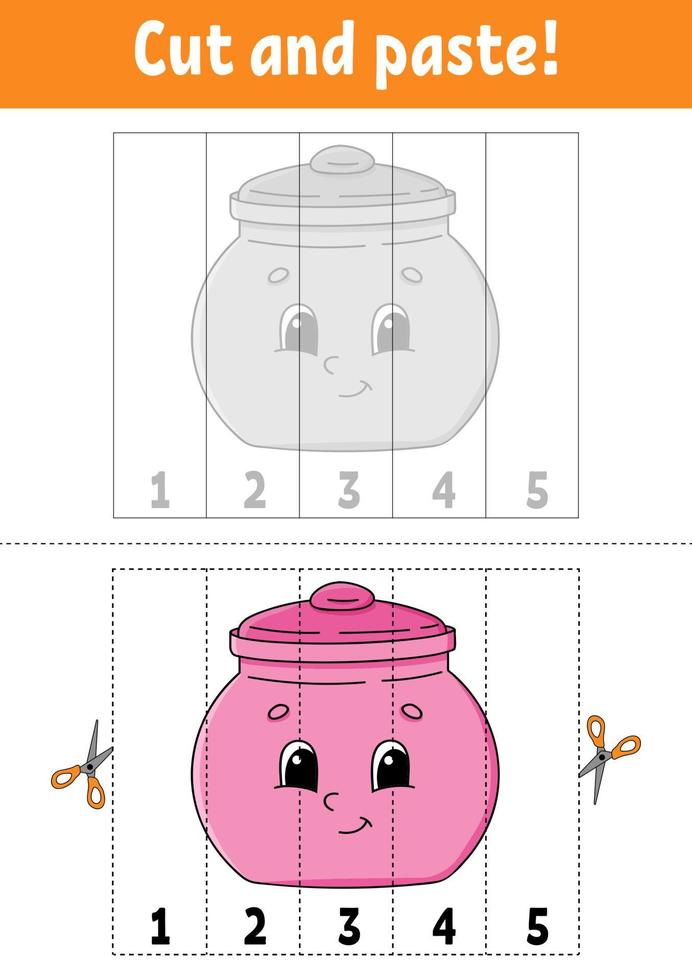 Learning numbers 1-5. Cut and glue. Cartoon character. Education developing worksheet. Game for kids. Activity page. Color isolated vector illustration.