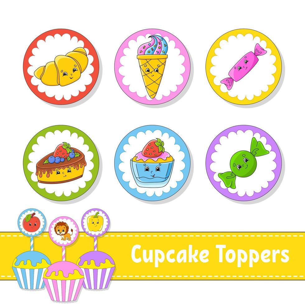 Cupcake Toppers. Set of six round pictures. Cartoon characters. Cute image. For birthday, party, baby shower. vector
